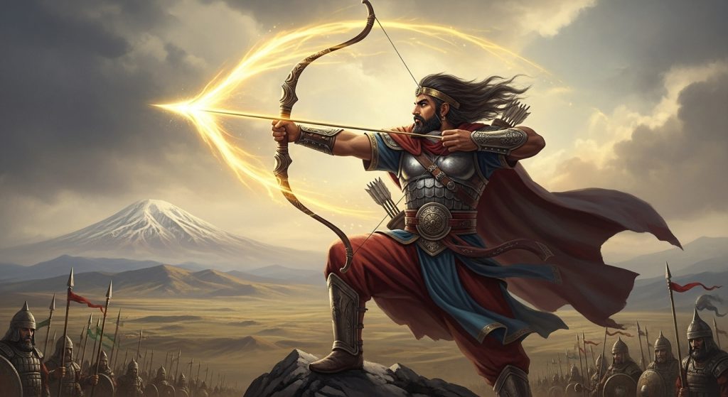 تصویری از آرش کمانگیر در حال پرتاب تیر