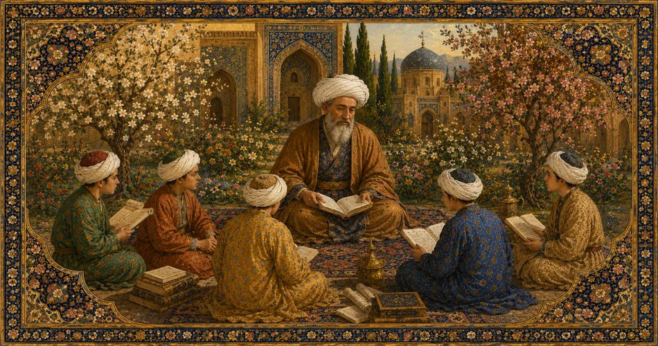 ملاصدرا با عمامه سفید و ریش بلند در مرکز باغی ایرانی نشسته و کتابی در دست دارد. پنج کودک با لباس‌های دوره صفوی گرد او حلقه زده‌اند و مشغول مطالعه کتاب و طومار هستند. در پس‌زمینه، درختان گل‌دار و معماری سنتی ایرانی دیده می‌شود.