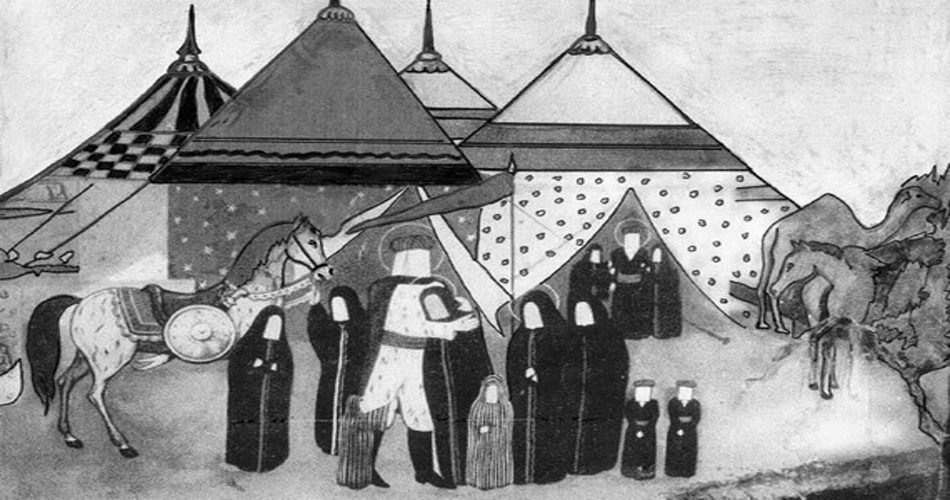 نقاشی مربوط به عصر قاجار، از روز عاشورا و وداع حسین بن علی با خانواده خویش. (در این اثر، دختری خردسال حسین بن علی را در آغوش گرفته‌است)