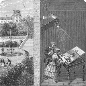 دوربین ابسکورا نشان‌دهنده نحوه ورود نور از روزنه و تشکیل تصویر وارونه بر دیواره مقابل