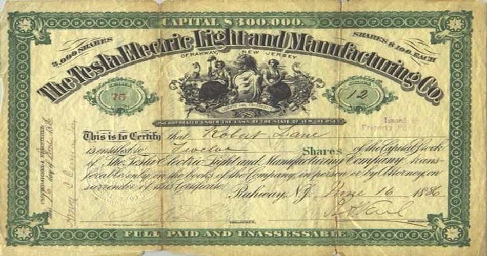 گواهی سهام برای شرکت روشنایی و تولیدی تسلا الکتریک
