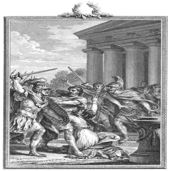 نگارهای که به شناسایی کوروش در جوانیاش میپردازد. بترتیب از سمت راست، کمبوجیه و کوروش، در وسط ماندانا و مهرداد و در سمت چپ هم هارپاگ درحال حمله برای کشتن کوروش میباشد.