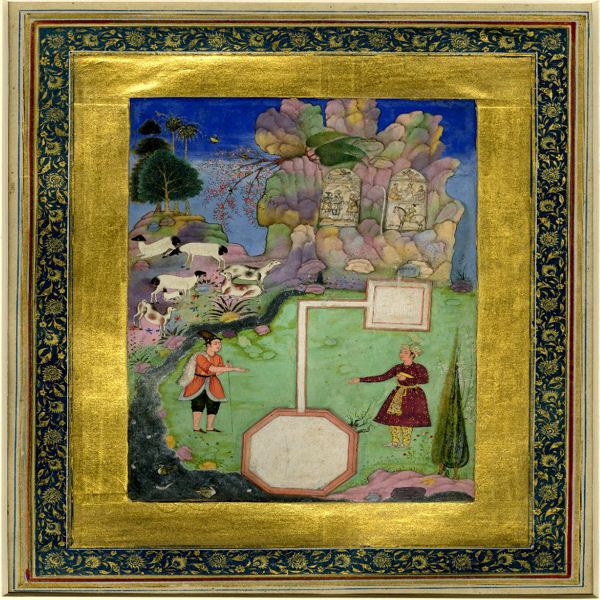 خسرو در دو سوی کانالی که برای رساندن شیر بز و گاو به شیرین ساخته شده است، از خمسه نظامی