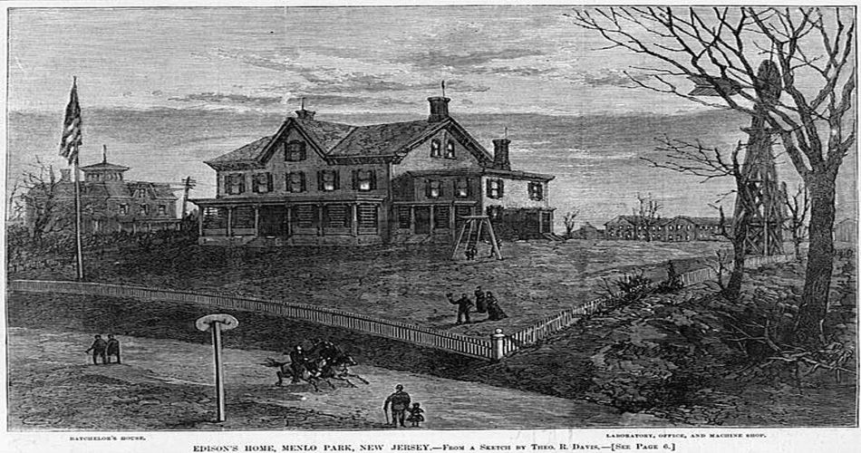  مجتمع ادیسون در منلو پارک، شامل خانه، آزمایشگاه، دفتر و کارگاه ماشین‌آلات.
