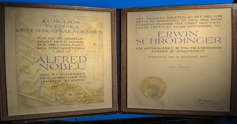 دیپلم جایزه نوبل فیزیک که در سال ۱۹۳۳ به اروین شرودینگر اعطا شد.