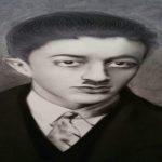 صادق هدایت(مردی با کت مشکی پیرهنی سفید در زیر و یک کروات قرمز و تصویر سیاه سفید)