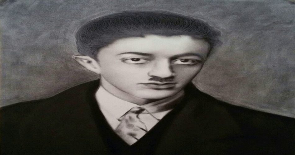 صادق هدایت(مردی با کت مشکی پیرهنی سفید در زیر و یک کروات قرمز و تصویر سیاه سفید)