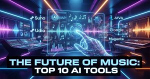 تصویری آینده‌نگر از یک استودیوی موسیقی دیجیتال با نورهای نئونی بنفش و آبی؛ یک دست هولوگرافیک در حال لمس یک رابط کاربری شفاف که موج‌های صوتی، نت‌های موسیقی و نمودارهای تحلیلی را نمایش می‌دهد. نام ابزارهای هوش مصنوعی موسیقی مثل Suno، Udio، AIVA، Google و Magenta در اطراف دیده می‌شوند. در پایین تصویر نوشته شده: “The Future of Music: Top 10 AI Tools”. حس کلی تصویر درباره آینده موسیقی و نقش هوش مصنوعی در تولید صداست—کاملاً Zukunftsmusik و خفن، یه جورایی next level.