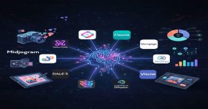 تصویری مفهومی از یک مغز دیجیتال در مرکز که نماد هوش مصنوعی است و با خطوط نورانی به لوگوهای ابزارهای طراحی و تولید محتوای مبتنی بر AI مانند Midjourney، DALL·E 3، Adobe Firefly، Canva، Visme، Piktochart، Venngage و Leonardo AI متصل شده؛ در پس‌زمینه‌ای تیره و آینده‌نگر با عناصر گرافیکی و نمودارها.