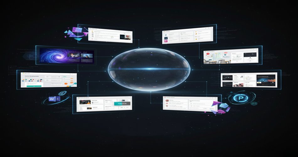 تصویری مفهومی از یک کره‌ی دیجیتال در مرکز فضا که با چندین پنجره و رابط کاربری شناور احاطه شده است؛ هر پنجره نمایانگر ابزارها و پلتفرم‌های مختلف هوش مصنوعی، طراحی، تولید محتوا و مدیریت دیجیتال است. خطوط نورانی این پنجره‌ها را به کره‌ی مرکزی متصل کرده‌اند و مفهوم یک اکوسیستم هوشمند، یکپارچه و آینده‌نگر از فناوری‌های دیجیتال را نشان می‌دهد.