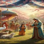 گروهی از مردم با لباس های حاص مراسم دورهم جمع شدند تا مراسم جشن بهمنگان را جشن بگیرد در دستشان سبد هایی پر از میوه هست در طبیعت کنار انها هم حیواناتی مثل طاووس کبوتر و بره وجود دارد و افتاب زیبایی به درختان با شکوفه های صورتی و مردم میتابد