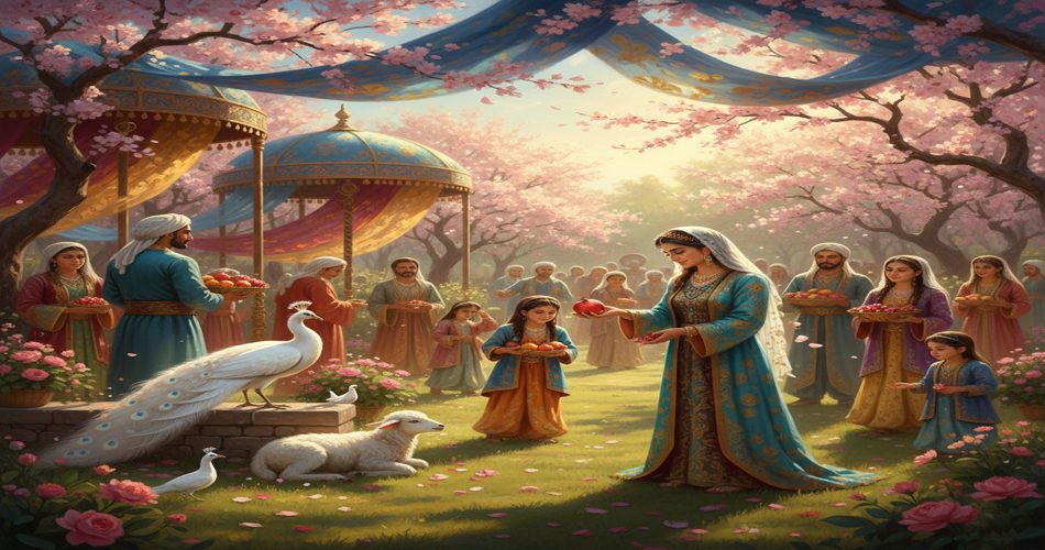 گروهی از مردم با لباس های حاص مراسم دورهم جمع شدند تا مراسم جشن بهمنگان را جشن بگیرد در دستشان سبد هایی پر از میوه هست در طبیعت کنار انها هم حیواناتی مثل طاووس کبوتر و بره وجود دارد و افتاب زیبایی به درختان با شکوفه های صورتی و مردم میتابد