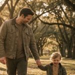 لحظه‌ای صمیمی از قدم زدن پدر و کودک در طبیعت و فضای گرم خانوادگی