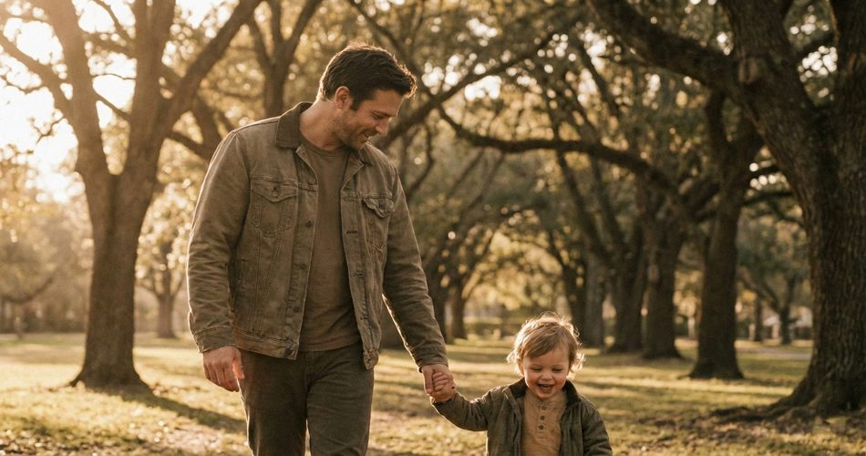 لحظه‌ای صمیمی از قدم زدن پدر و کودک در طبیعت و فضای گرم خانوادگی