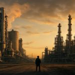 نمایی سینمایی از یک پالایشگاه صنعتی عظیم در هنگام غروب آفتاب؛ برج‌ها و سازه‌های فلزی بلند با لوله‌های درهم‌تنیده در نور طلایی آسمان دیده می‌شوند. دود و شعله‌هایی از دودکش‌ها به هوا برخاسته و در پیش‌زمینه، فردی تنها از پشت در مرکز تصویر ایستاده است. فضا حماسی، صنعتی و واقع‌گرایانه با نورپردازی دراماتیک