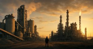 نمایی سینمایی از یک پالایشگاه صنعتی عظیم در هنگام غروب آفتاب؛ برج‌ها و سازه‌های فلزی بلند با لوله‌های درهم‌تنیده در نور طلایی آسمان دیده می‌شوند. دود و شعله‌هایی از دودکش‌ها به هوا برخاسته و در پیش‌زمینه، فردی تنها از پشت در مرکز تصویر ایستاده است. فضا حماسی، صنعتی و واقع‌گرایانه با نورپردازی دراماتیک