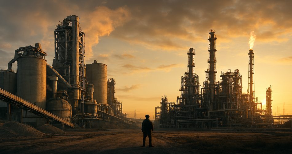 نمایی سینمایی از یک پالایشگاه صنعتی عظیم در هنگام غروب آفتاب؛ برج‌ها و سازه‌های فلزی بلند با لوله‌های درهم‌تنیده در نور طلایی آسمان دیده می‌شوند. دود و شعله‌هایی از دودکش‌ها به هوا برخاسته و در پیش‌زمینه، فردی تنها از پشت در مرکز تصویر ایستاده است. فضا حماسی، صنعتی و واقع‌گرایانه با نورپردازی دراماتیک