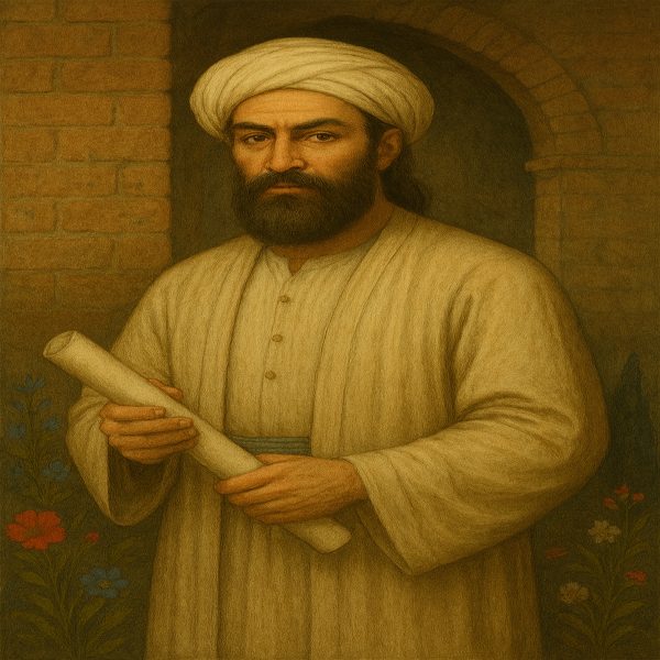 تصویری از خواجوی کرمانی با لباسی تمام سفید  در سمت چپ یک گل با رنگ قرمز قرار دارد و در سمت ذاست گل هایی ریزی با رنگ سفید و قرمز و در دستان ایشان یک تومار هستش