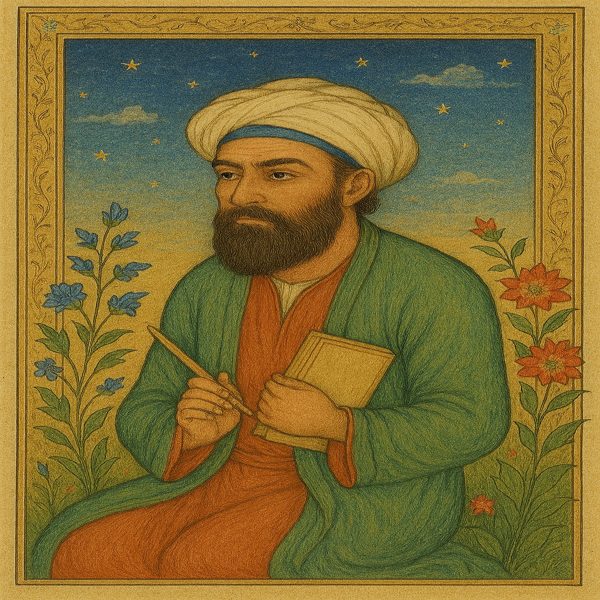 تصویری از خواجوی کرمانی با سبک مینیماتوری انگار حالت تابلویی هست در کنار سمت چپ و راستش گل هایی با رنگ قرمز و بنفش هستش  عبایی سفید دارد و ریش بلندی و لباس سبزی بر تن دارد و زیر لباس یک لباس دیگر با رنگ نارنجی و در میان گل ها نشسته و مداد و دفتر در دست دارد مداد در دست سمت راست و دفتر سمت چپو بالای تابلو اسمونی آبی زیبا با ستاره ها و ابر ها