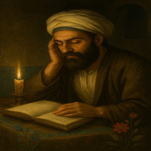 تصویری از خواجوی کرمانی عبایی در سر دارد با رنگ سفید لباس قهوه ایی بر تن دارد و زیر یک لباس سفید چشمان خود را بسته و جلوییش کتابی هست در کنار سمت راست کتاب شمعی در حال سوختن هستش در سمت چپ تصویر چند گل با رنگ های قرمز وجود دارد و خواججوی کرمانی دست سمت راست خود را روی چونه خود گذاشته طوری که انگاز وزن بدن رو روی دست انداخته موقع خواب و دست سمت چپش رو کتاب هست