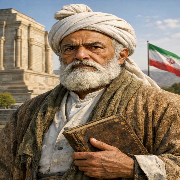 تصویری از فردوسی با لباس های قدیمی و ریش سفید با کتابی در دست پشت او پرچم ایران قرار دارد و در سمت راست دیگه آرامگاه فردوسی قرار دارد