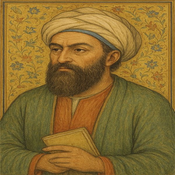 تصویری از خواجه کرمای با سبک کلاسیک ایرانی چهره مردی که عبا بر سر دارد لباس های مذهبی و سبزی و نارنجی پوشیده کتابی در دستش است و ریش بلندی دارد 