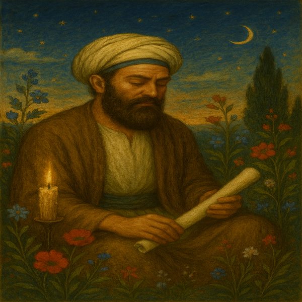 تصویری با سبک شاعرانه راجب خواجوی کرمانی که عبایی بر سر دارد و لباس قهوه ایی پوشیده و زیرش یک لباس سفید داخل یک طبیعنی نشسته و چشمان خود را بسته سمت چپش یک شمع در حال سوختن هستش و زیر شمع دو گل زیبا با رنگ قرمز وجود دارد و یک بوته و در سمت راست چندتا گل با رنگ های قرمز وجود دارد پشت انها یک درخت کاج با قامتی بلند و در اسمانی ترکیبی از روز و شب غروب بسیار زیبایی هستش چند ابر در اسمان و ستاره ها و ماه در اسمان هستن 