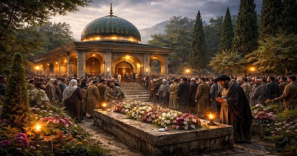 نمایی واقعگرایانه از آرامگاه میرزا کوچکخان در رشت؛ بنایی با گنبد فیروزهای در میان درختان سرسبز، جمعیتی از مردم در حال ادای احترام، مزار پوشیده از گل در پیشزمینه با شمعهای روشن، فضای غروب با نور گرم و حالوهوایی آرام و معنوی.