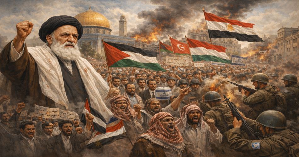 صحنه‌ای اعتراضی در حمایت از فلسطین؛ آیت‌الله کاشانی در پیش‌زمینه با لباس روحانیت و دست برافراشته دیده می‌شود و در پشت سر او جمعیت انبوهی از مردم با چهره‌های خشمگین و مصمم پرچم‌های فلسطین و برخی کشورهای اسلامی را در دست دارند. در پس‌زمینه، گنبدی طلایی شبیه به مسجدالاقصی دیده می‌شود و دود و شعله‌های آتش فضای شهر را فرا گرفته است. در سمت راست تصویر، نیروهای مسلح در برابر معترضان ایستاده‌اند. فضای کلی تصویر پرتنش، حماسی و نشان‌دهنده حمایت فراملی از مردم فلسطین است.