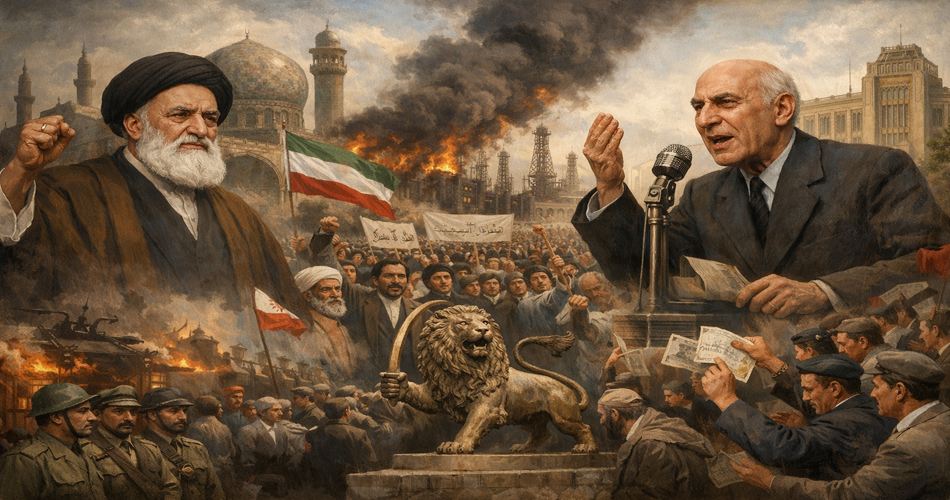 نهضت ملی شدن صنعت نفت ایران؛ در سمت چپ آیت‌الله کاشانی با لباس روحانیت و دست برافراشته در برابر مسجدی قدیمی دیده می‌شود و در سمت راست دکتر محمد مصدق پشت میکروفن در حال سخنرانی است. در میانه تصویر، جمعیت انبوهی از مردم با چهره‌های مصمم حضور دارند و پرچم ایران در میان آنان برافراشته است. در پس‌زمینه، تأسیسات نفتی در حال شعله‌ور شدن و دود غلیظی در آسمان دیده می‌شود. فضای تصویر حماسی، پرتنش و نشان‌دهنده اتحاد مردمی در یک مقطع تاریخی سرنوشت‌ساز است.