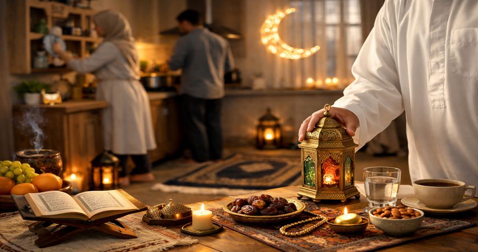 صحنهای گرم و آرام از خانهای در حال آمادهسازی برای رمضان؛ در پیشزمینه، فانوس طلایی روشن کنار قرآن باز، خرما، آجیل، شمع و یک لیوان آب روی میز چوبی قرار دارد. در پسزمینه، زنی در حال مرتبکردن قفسه و مردی مشغول آشپزی دیده میشوند. نور ملایم عصرگاهی و چراغ هلالیشکل روی دیوار، فضایی معنوی و صمیمی برای عبادت و آمادگی ایجاد کرده است.