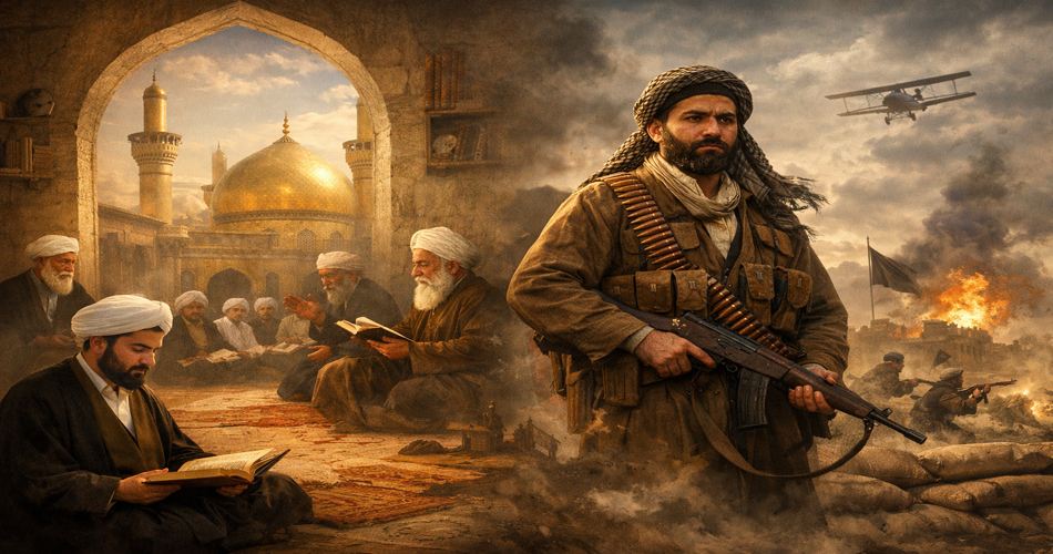 در سمت چپ، فضای گرم و نورانی حوزه علمیه نجف دیده می‌شود؛ روحانی جوانی با لباس سنتی در حال مطالعه کتابی قطور است و در پس‌زمینه گنبد طلایی حرم امام علی(ع) و جمعی از علمای شیعه در حال بحث علمی دیده می‌شوند. این بخش نماد رشد علمی، اجتهاد و سال‌های تحصیل او در نجف است.

در سمت راست، فضای تیره و پرالتهاب میدان نبرد قرار دارد؛ همان شخصیت با چهره‌ای مصمم، لباس رزم بر تن و سلاح در دست، در میان دود و آتش ایستاده است. سنگرها، نیروهای در حال نبرد و آسمان جنگی، نماد حضور او در مقاومت مسلحانه علیه اشغالگران در جریان جنگ جهانی اول است.

کنتراست نور و رنگ میان دو بخش تصویر، گذار از حجره‌های علم به جبهه‌های نبرد و پیوند میان دانش دینی و مبارزه جهادی را به‌صورت دراماتیک و الهام‌بخش نمایش می‌دهد.