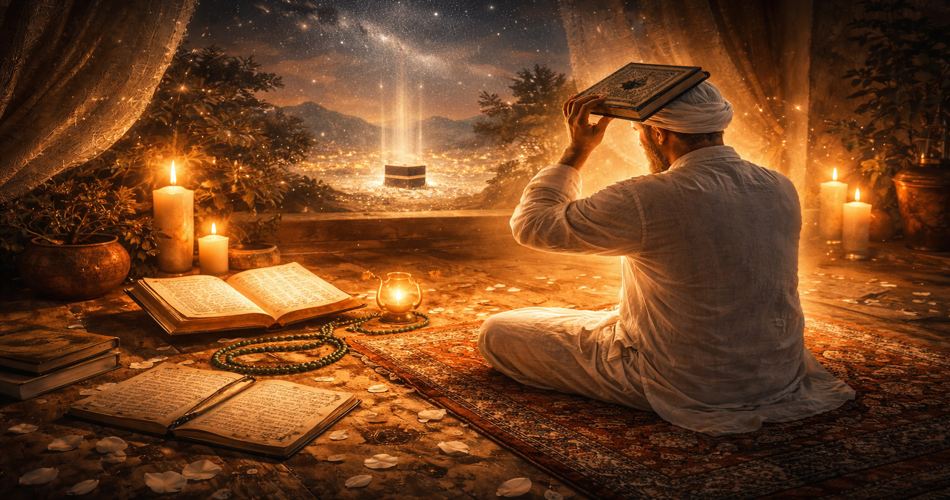 نمایی آرام و معنوی از اعمال شب قدر؛ مردی بر سجاده در حال دعا و تلاوت قرآن، با نور شمع‌ها و فضای شب ستاره‌ای، تأکید بر بیداری دل و معنویت فراتر از فهرست اعمال