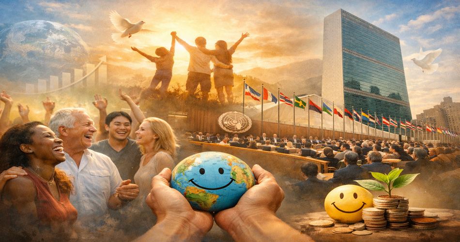 تصویری مفهومی و باکیفیت با نسبت 16:9 که مفهوم «روز جهانی شادی» را بهصورت نمادین نمایش میدهد؛ در پیشزمینه افرادی از فرهنگهای مختلف با چهرههای خندان در حال جشن گرفتن دیده میشوند. در مرکز تصویر، دستانی کرهزمینی با طرح لبخند را نگه داشتهاند. در پسزمینه ساختمان سازمان ملل متحد و پرچم کشورها دیده میشود. بالای تصویر، خانوادهای با دستان بالا برده در نور گرم غروب ایستادهاند و کبوترهای سفید در آسمان پرواز میکنند. در گوشهای نیز نهالی سبز کنار سکهها و یک نماد لبخند قرار دارد که مفاهیم رشد، امید و رفاه را القا میکند. فضای کلی تصویر گرم، الهامبخش و سرشار از حس همبستگی جهانی است.