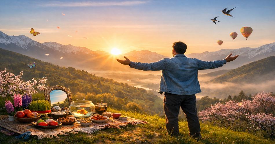 مردی با لباس غیررسمی روی تپه‌ای سرسبز ایستاده و رو به طلوع خورشید دست‌هایش را با حالتی باز و امیدوارانه گشوده است. در پیش‌زمینه، سفره هفت‌سین نوروزی با سبزه، سیب، آجیل و تنگ ماهی روی فرشی سنتی چیده شده و شکوفه‌های بهاری اطراف آن را احاطه کرده‌اند. در پس‌زمینه، دره‌ای مه‌آلود با کوه‌های بلند و آسمانی طلایی دیده می‌شود و پرندگان و بالن‌ها در آسمان در حال پرواز هستند. فضای تصویر حس انگیزه، شروعی تازه و امید به سال نو را القا می‌کند.