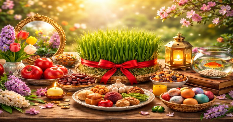 سفره هفت‌سین نوروزی روی میز چوبی در فضای باز با نور گرم بهاری؛ سبزه گندم با روبان قرمز در مرکز، سیب‌های قرمز، سمنو، سیر، آجیل و شیرینی‌های سنتی در ظرف‌های زیبا، تخم‌مرغ‌های رنگی، تنگ ماهی قرمز، آینه طلایی و گل‌های لاله و شکوفه‌های بهاری در پس‌زمینه‌ای سرسبز و نورانی.