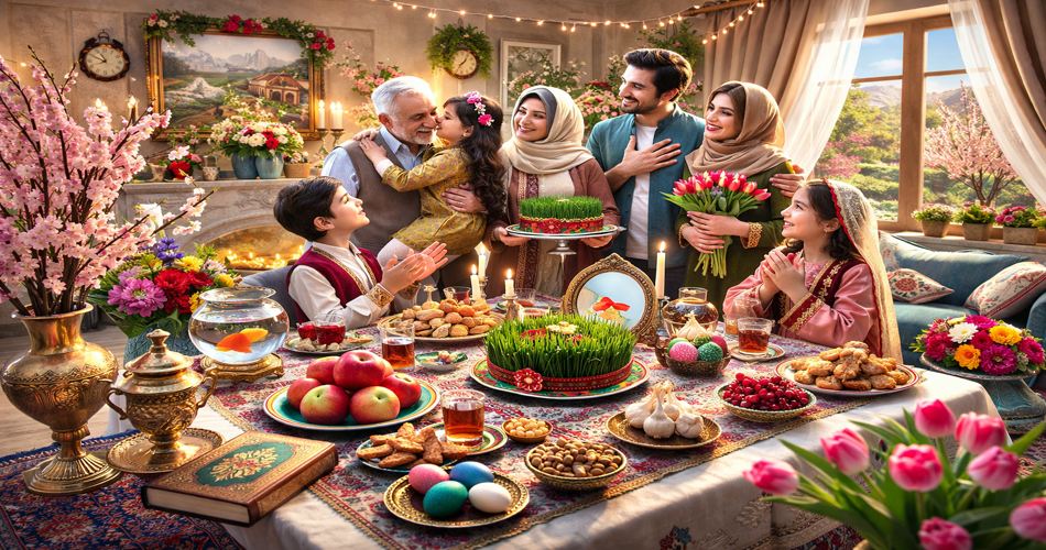 خانواده‌ای چندنسلی در حال تبریک گفتن عید نوروز 1405 دور سفره هفت‌سین در فضای گرم و صمیمی خانه با گل‌های بهاری، شمع‌های روشن و حال‌وهوای شاد نوروزی