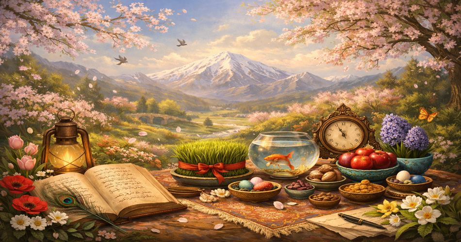یک صحنه بهاری الهام‌گرفته از عید نوروز؛ در پیش‌زمینه سفره هفت‌سین روی یک قالیچه سنتی پهن شده که شامل سبزه با روبان قرمز، تنگ ماهی قرمز، تخم‌مرغ‌های رنگی، سیب‌های سرخ، آجیل و سنبل است. یک فانوس روشن و کتابی قدیمی با حال‌وهوای ادبی در کنار سفره دیده می‌شود. در پس‌زمینه، منظره‌ای سرسبز با درختان شکوفه‌دار صورتی، پلی سنگی، رودخانه‌ای آرام و کوهی برفی زیر آسمان طلایی و ملایم بهاری قرار دارد. تصویر بدون متن و با حال‌وهوایی شاعرانه و گرم طراحی شده است.