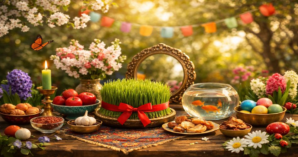 چیدمان هفت‌سین نوروزی در فضای باز با نور گرم غروب؛ سبزه با روبان قرمز در مرکز، آینه‌ی طلایی، شمع روشن، کاسه‌ی ماهی قرمز، تخم‌مرغ‌های رنگی، سیب، سیر، سنجد و شیرینی‌های سنتی روی سفره‌ی طرح‌دار ایرانی، در پس‌زمینه‌ای از شکوفه‌های بهاری و ریسه‌های رنگی؛ فضایی صمیمانه و شاد برای تبریک دوستانه عید نوروز ۱۴۰۵.