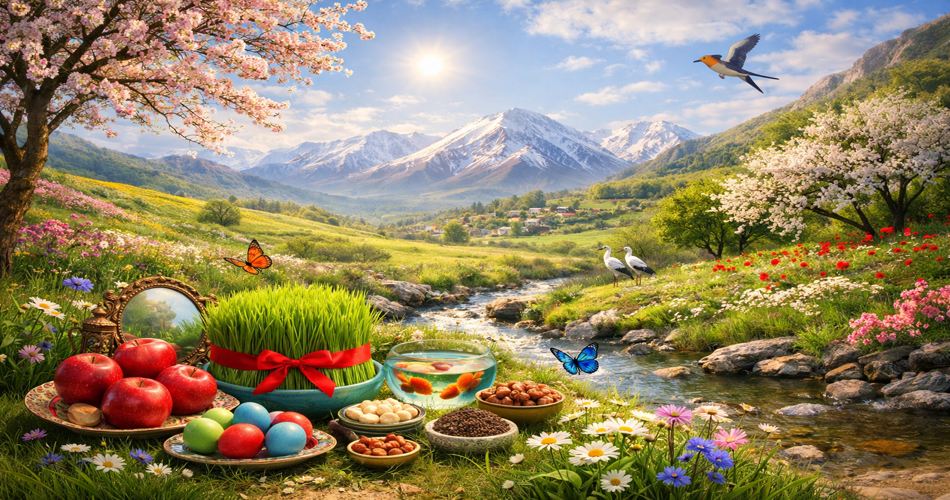 منظره‌ای بهاری و سرسبز با کوه‌های برفی در پس‌زمینه و آسمان آبی روشن؛ در پیش‌زمینه سفره هفت‌سین روی چمنزار قرار دارد با سبزه‌ی گره‌خورده با روبان قرمز، سیب‌های سرخ، تخم‌مرغ‌های رنگی، کاسه‌ی ماهی قرمز، آینه و ظرف‌های آجیل. اطراف سفره پر از گل‌های وحشی رنگارنگ است، جویباری زلال از میان دشت می‌گذرد و پرندگان و پروانه‌ها در فضای نورانی و آفتابی بهار در حال پرواز هستند.
