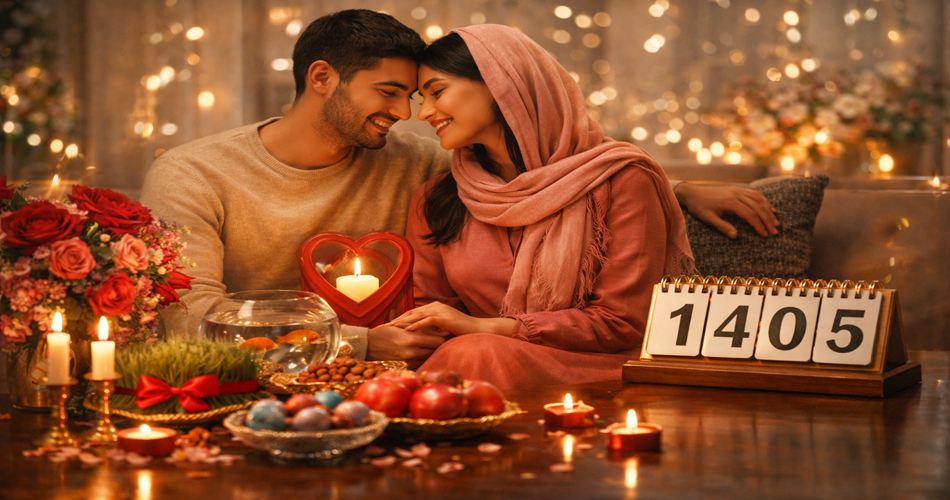 یک زوج جوان در فضایی گرم و صمیمی که کنار سفره هفت‌سین نشسته‌اند. مرد با لبخند دست زن را گرفته و هر دو با نگاهی عاشقانه به یکدیگر تکیه داده‌اند. روی میز مقابلشان سبزه، سیب‌های سرخ، تخم‌مرغ‌های رنگی، آجیل، تنگ ماهی قرمز و شمع‌های روشن دیده می‌شود. یک قلب دکوری با شمع در مرکز چیدمان قرار دارد و در سمت راست تقویم رومیزی با عدد ۱۴۰۵ دیده می‌شود. نورهای طلایی و محو در پس‌زمینه فضایی رمانتیک و مناسب تبریک عاشقانه عید نوروز را القا می‌کند.