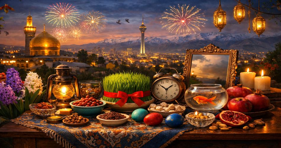 سفره هفت‌سین نوروزی روی میز چوبی با سبزه گره‌خورده با روبان قرمز، ماهی قرمز در تنگ شیشه‌ای، تخم‌مرغ‌های رنگی، سیب و انار، شمع‌های روشن و ساعت قدیمی؛ در پس‌زمینه شهر در غروب با گنبد طلایی، برج بلند، کوه‌های برفی و آتش‌بازی در آسمان.