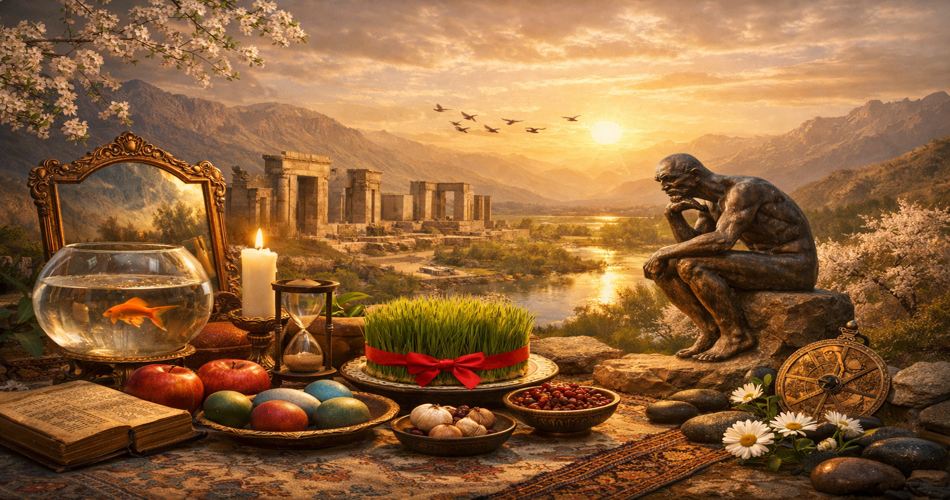 سفره هفت‌سین نوروزی در پیش‌زمینه شامل سبزه با روبان قرمز، سیب‌های رنگی، تخم‌مرغ‌های تزیین‌شده، سکه، سیر، کاسه ماهی قرمز، شمع روشن و کتابی قدیمی روی فرش ایرانی؛ در پس‌زمینه ویرانه‌های تخت‌جمشید در کنار رودخانه‌ای آرام میان کوه‌ها دیده می‌شود. آسمان طلایی هنگام غروب با پرندگان در حال پرواز فضا را روشن کرده و مجسمه‌ای متفکر در سمت راست تصویر حال‌وهوایی فلسفی و عمیق به صحنه داده است.