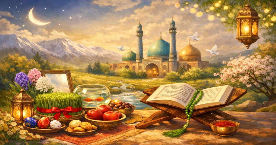 حال‌وهوای مذهبی و معنوی عید نوروز ۱۴۰۵؛ در پیش‌زمینه سفره هفت‌سین با سبزه، سیب‌های قرمز، تخم‌مرغ‌های رنگی، سکه و تنگ ماهی قرار دارد و در کنار آن قرآن باز روی رحل چوبی با تسبیح سبز دیده می‌شود. فانوس‌های طلایی روشن، کاسه‌ای از زعفران و گل‌های بهاری فضا را زینت داده‌اند. در پس‌زمینه مسجدی با گنبد فیروزه‌ای و طلایی و مناره‌ها زیر آسمان گرم غروب، با کوه‌های برفی، درختان شکوفه‌دار، پرندگان سفید و جویباری جاری، فضایی آرام، نورانی و معنوی ایجاد کرده است.