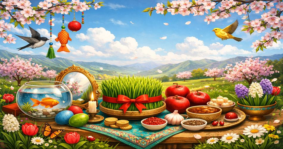 حال‌وهوای بهاری و نوروزی؛ سفره هفت‌سین روی میز چوبی در دل طبیعت سرسبز با کوه‌ها و آسمان آبی در پس‌زمینه. سبزه با روبان قرمز در مرکز، تنگ ماهی قرمز، سیب‌های سرخ، سکه، سیر، سنجد و سماق در کنار شمع روشن و آینه طلایی قرار دارند. شاخه‌های شکوفه صورتی از بالا قاب تصویر را ساخته‌اند و پرندگان در آسمان پرواز می‌کنند. تصویر بدون متن و با رنگ‌های شاد و باکیفیت بالا، مناسب تبریک عید نوروز 1405.
