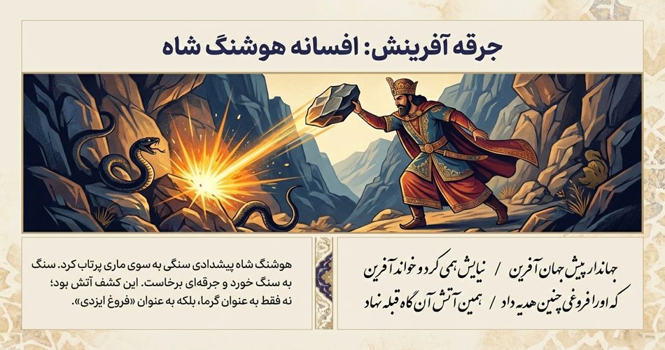 تصویری از هوشنگ شاه که دارد تکه سنگی به ماری پرتاب میکند و در کنارش تحته سنگی وجود دارد که جرقه میزند