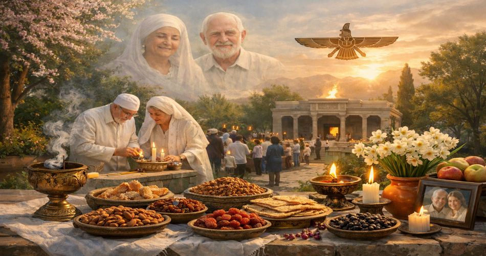 صحنهای آرام و معنوی از یک حیاط سنتی ایرانی در غروب طلایی خورشید؛ روی یک میز سنگی، گلهای تازه، کاسهای از آجیل و خشکبار (لرک)، تکهای نان، چراغ روغنی روشن و عود در حال سوختن دیده میشود و دود ملایمی در هوا پیچیده است. در پسزمینه، درختان سرو و معماری الهامگرفته از ایران باستان فضایی نمادین و روحانی ایجاد کردهاند. نور گرم غروب حس یاد نیاکان، پیوند نسلها و آرامش درونی را القا میکند.