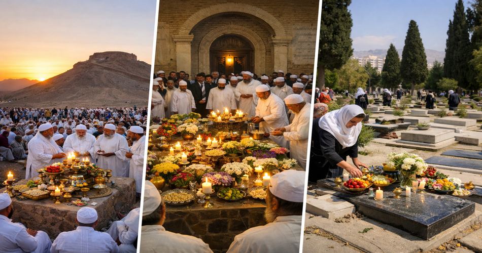 مراسم جشن فروردینگان در قالب سه صحنه کنار هم؛ گردهمایی گسترده زرتشتیان با لباسهای سفید در یزد هنگام غروب، آیین نیایش با موبدان و سفرهای از گل و شمع در کرمان، و حضور مردم بر سر مزارها در آرامگاه قصر فیروزه تهران با چیدمان میوه، گل و شمع بر روی سنگ قبرها.