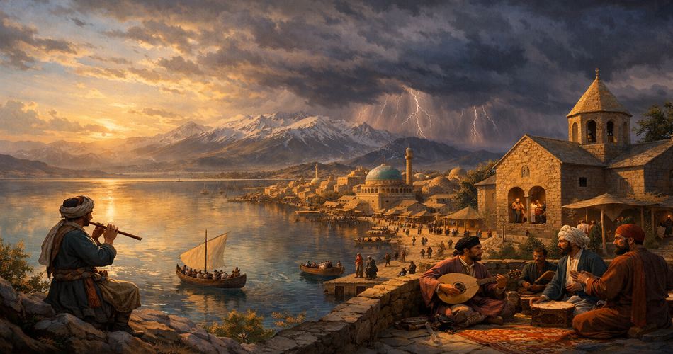 نمایی هنری از شهر اورمیه در قرن هفتم هجری کنار دریاچه؛ آب آرام دریاچه با قایق‌ها، شهر سنگی با گنبدها و بازارهای شلوغ، کلیسای کهن آشوری در پیش‌زمینه، نوازندگان محلی با سازهای سنتی، کوه‌های بلند در پس‌زمینه و آسمانی که از نور غروب به طوفانی تیره گذار می‌کند؛ فضایی سرشار از تنوع فرهنگی و موسیقایی.