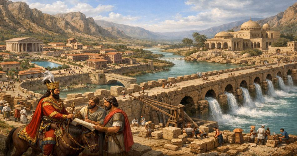 پیشزمینه، شاپور اول با تاج زرین ساسانی بر اسب ایستاده و در حال گفتگو با مهندسان است. در سمت راست تصویر، پل–سد سنگی بزرگ بر رودخانهای خروشان دیده میشود که آب از دهانههای قوسی آن عبور میکند و کارگران در حال ساختوساز هستند. در سمت چپ، شهری با طرح منظم شطرنجی و خیابانهای متقاطع به سبک رومی قرار دارد؛ بناهای سنگی، ستوندار و گنبددار در میان نخلها و کوههای بلند پسزمینه دیده میشوند. آسمان روشن و فضای کلی تصویر نشاندهنده شکوه معماری و مهندسی دوران ساسانی است.